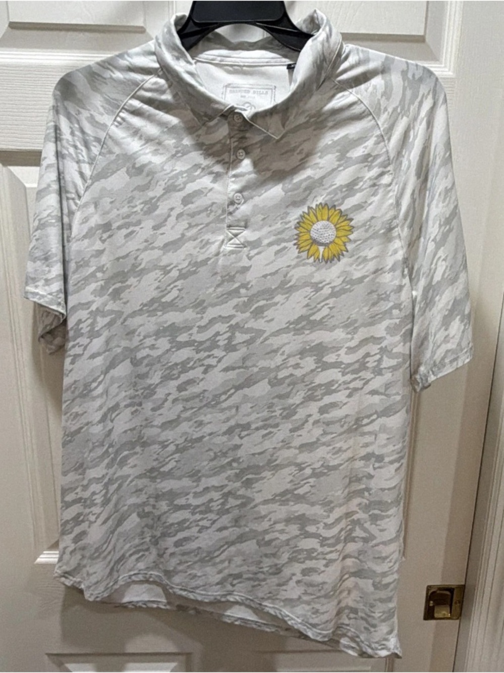 Men's White & Light Gray Camo Polo with Yellow Sunflower Embroidery